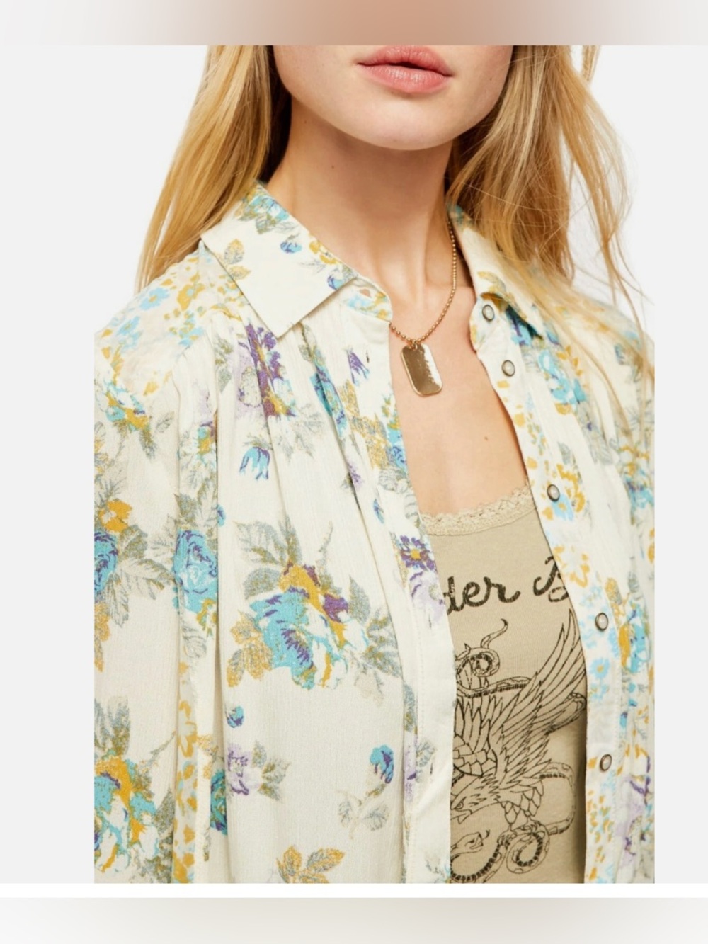 Free People Hold On To Me Printed Blouse Floral Ivory Button Down Boho Small NWT